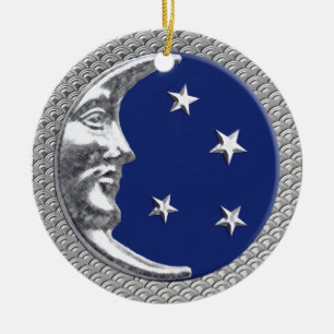 Art Deco Moon and Stars in Cobalt Blue and Silver Ceramic Ornament