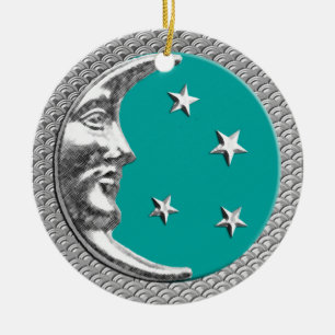 Art Deco Moon and Stars in Turquoise and Silver Ceramic Ornament