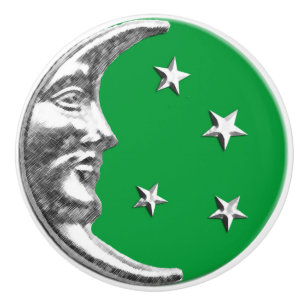 Art Deco Moon and stars - Jade Green and Silver Ceramic Knob