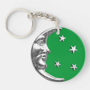 Art Deco Moon and Stars - Jade Green and Silver Keychain