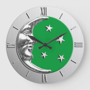 Art Deco Moon and Stars - Jade Green and Silver Large Clock