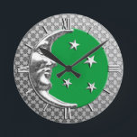 Art Deco Moon and Stars, Jade Green and Silver Round Clock<br><div class="desc">Clock in a classic Art Deco moon and stars design in brushed silver with an enamel look, jade green background</div>