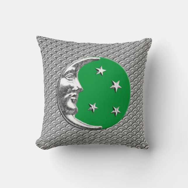 Art Deco Moon and stars - Jade Green and Silver Throw Pillow (Front)