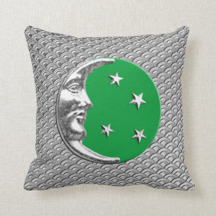 Art Deco Moon and stars - Jade Green and Silver Throw Pillow