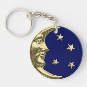 Art Deco Moon and Stars - Navy Blue and Gold Keychain