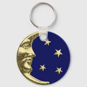 Art Deco Moon and Stars - Navy Blue and Gold Keychain