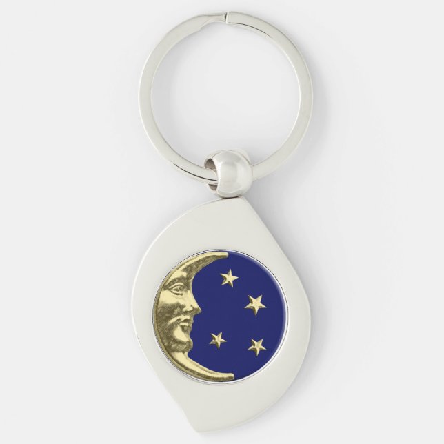 Art Deco Moon and Stars - Navy Blue and Gold Keychain (Front)