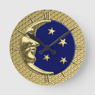 Art Deco Moon and Stars, Navy Blue and Gold Round Clock