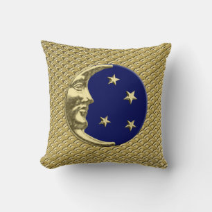 Art Deco Moon and stars - Navy Blue and Gold Throw Pillow