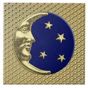 Art Deco Moon and stars - Navy Blue and Gold Tile