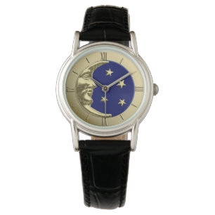 Art Deco Moon and Stars - Navy Blue and Gold Watch