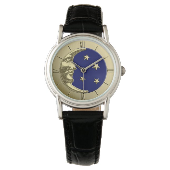 Art Deco Moon and Stars - Navy Blue and Gold Watch (Front)