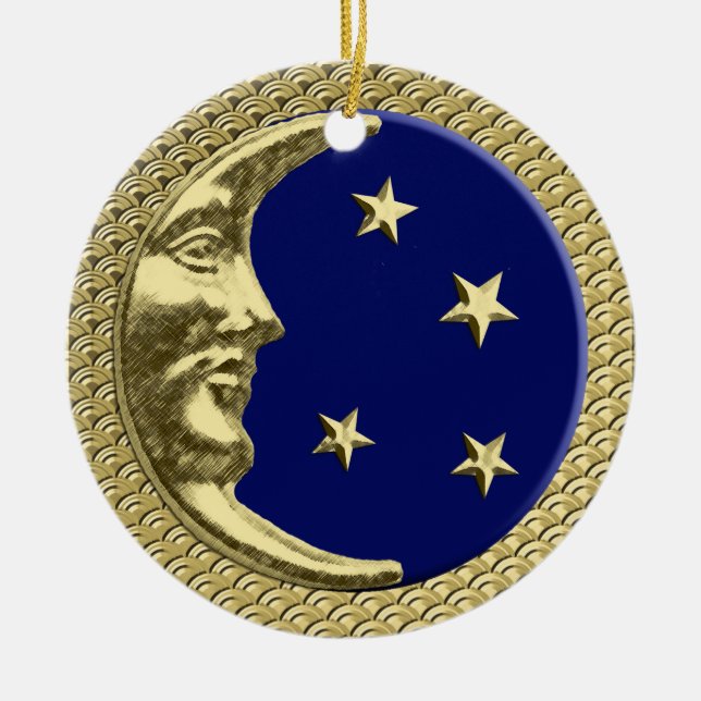 Art Deco Moon and Stars Navy on a Gold Background Ceramic Ornament (Front)