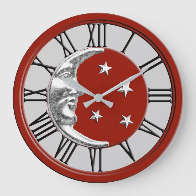 Art Deco Moon and Stars - Red, Grey and Silver Large Clock (Front)