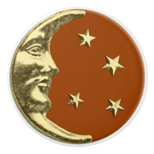 Art Deco Moon and stars - Rust Brown and Gold Ceramic Knob