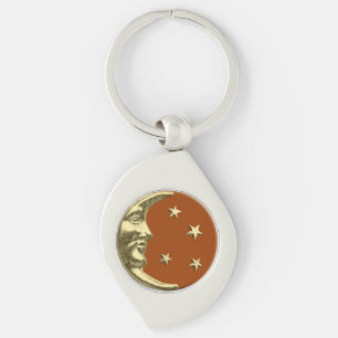 Art Deco Moon and Stars - Rust Brown and Gold Keychain