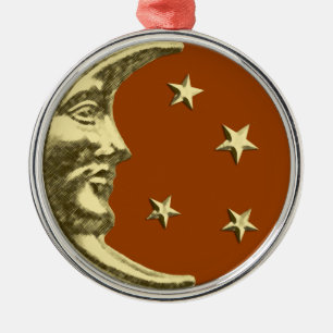 Art Deco Moon and Stars - Rust Brown and Gold Metal Ornament