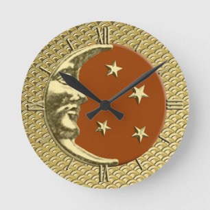 Art Deco Moon and Stars, Rust Brown and Gold Round Clock