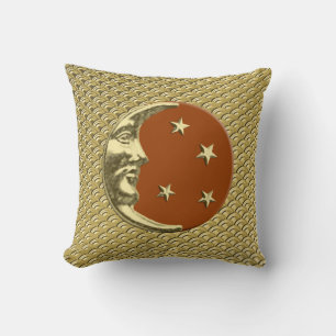 Art Deco Moon and stars - Rust Brown and Gold Throw Pillow