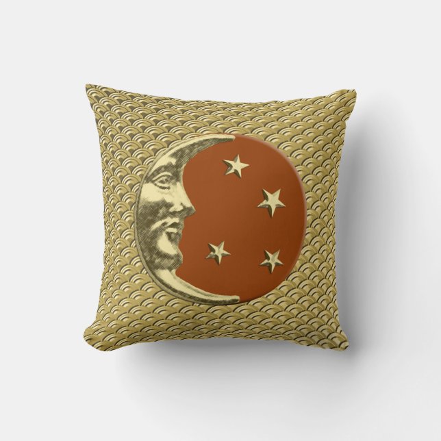 Art Deco Moon and stars - Rust Brown and Gold Throw Pillow (Front)