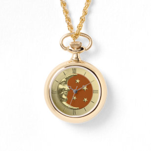 Art Deco Moon and Stars - Rust Brown and Gold Watch