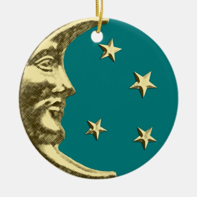 Art Deco Moon and Stars - Teal and Gold Ceramic Ornament (Front)