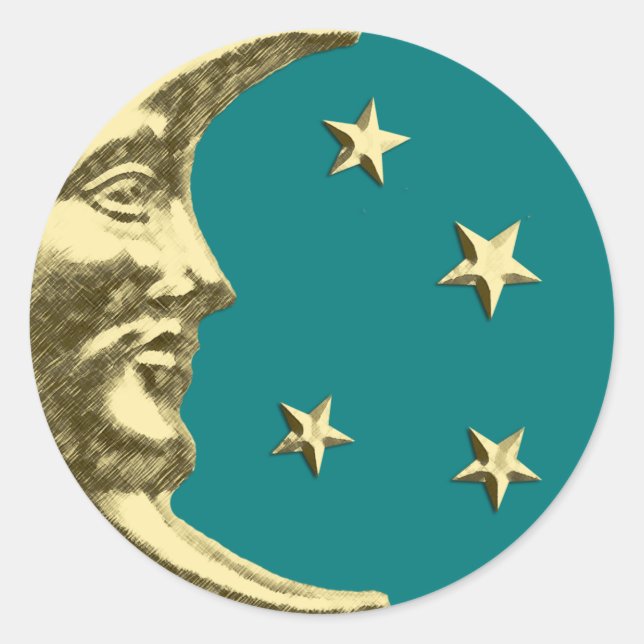 Art Deco Moon and Stars - Teal and Gold Classic Round Sticker (Front)