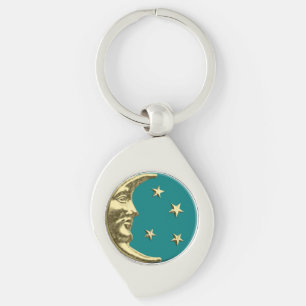 Art Deco Moon and Stars - Teal and Gold Keychain