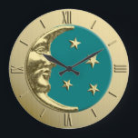 Art Deco Moon and Stars - Teal and Gold Large Clock<br><div class="desc">Classic Art Deco moon and stars design in brushed gold,  with an enamel look teal / peacock blue-green background</div>