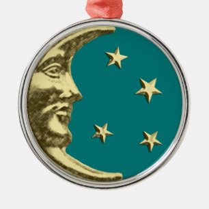 Art Deco Moon and Stars - Teal and Gold Metal Ornament