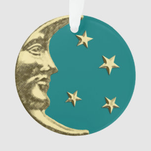 Art Deco Moon and Stars - Teal and Gold Ornament