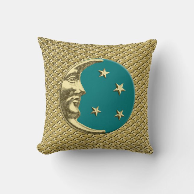 Art Deco Moon and stars - Teal and Gold Throw Pillow (Front)
