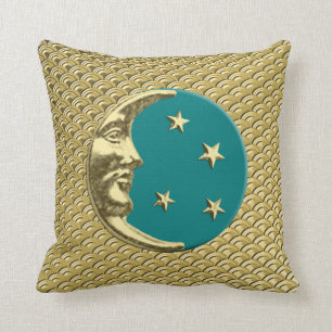 Art Deco Moon and stars - Teal and Gold Throw Pillow