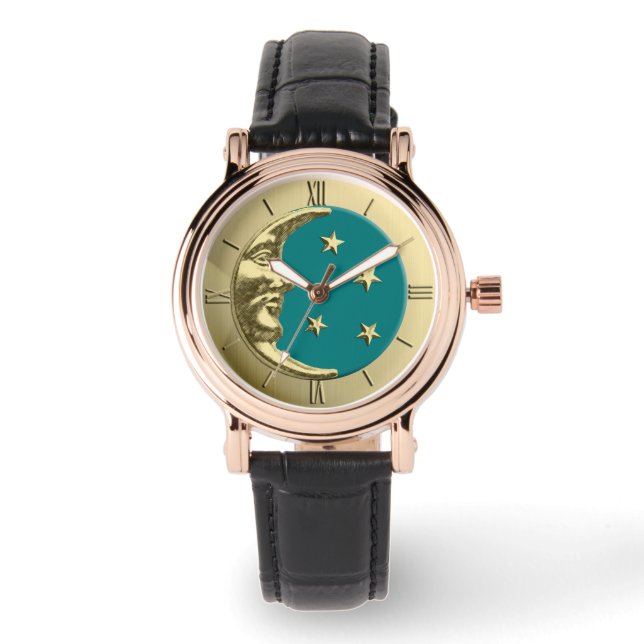 Art Deco Moon and Stars - Teal and Gold Watch (Front)