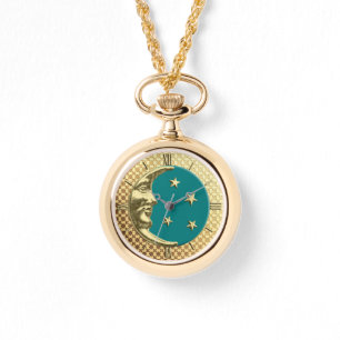 Art Deco Moon and Stars, Teal and Gold Watch