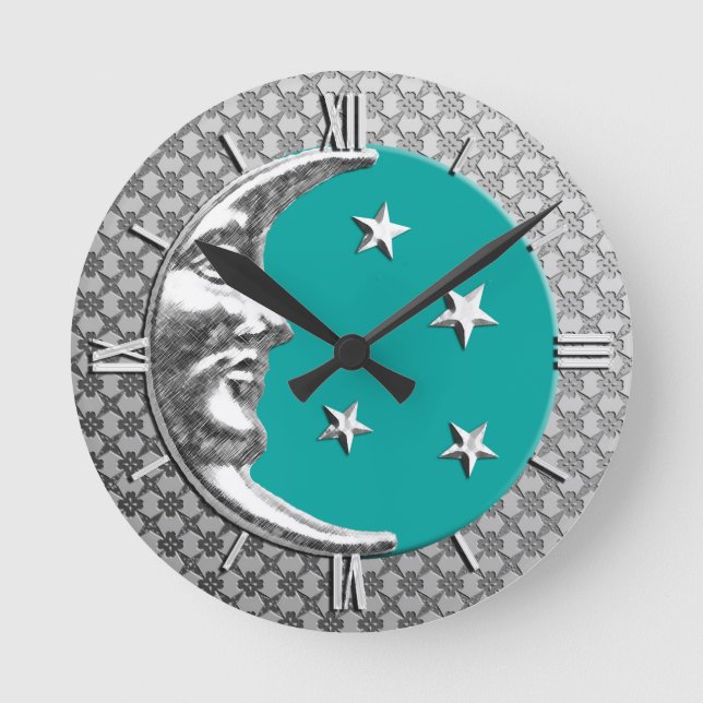 Art Deco Moon and Stars, Turquoise and  Silver Round Clock (Front)