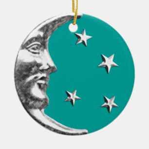 Art Deco Moon and Stars - Turquoise & Silver Ceramic Ornament
