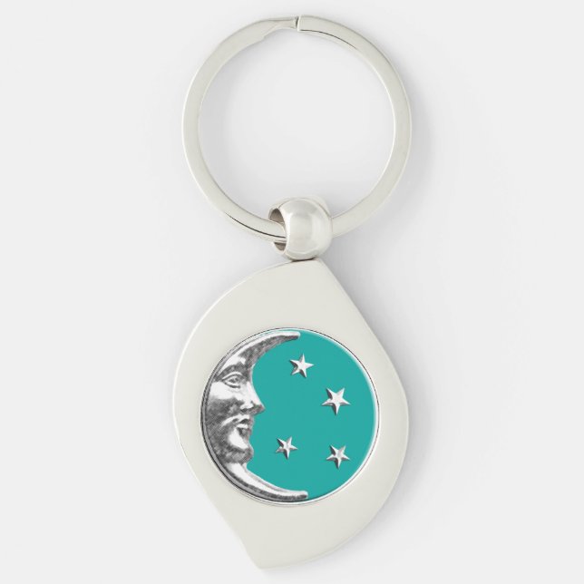 Art Deco Moon and Stars - Turquoise & Silver Keychain (Front)
