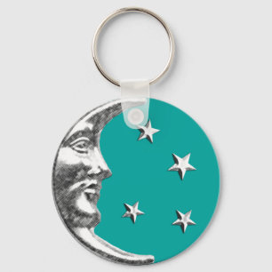 Art Deco Moon and Stars - Turquoise & Silver Keychain