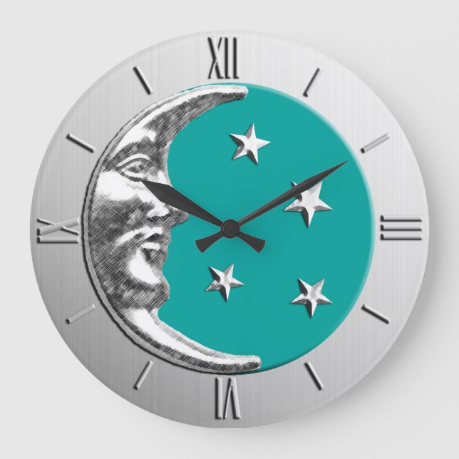 Art Deco Moon and Stars - Turquoise & Silver Large Clock (Front)