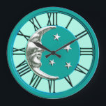 Art Deco Moon and Stars - Turquoise & Silver Large Clock<br><div class="desc">Classic Art Deco moon and stars design in brushed silver on enamel look,  turquoise / peacock with a light turquoise background</div>