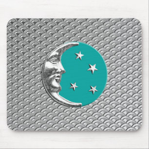 Art Deco Moon and stars - Turquoise & Silver Mouse Pad