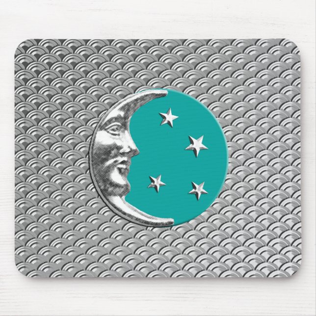 Art Deco Moon and stars - Turquoise & Silver Mouse Pad (Front)