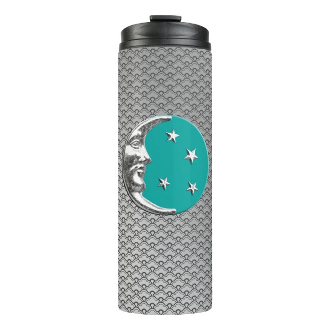 Art Deco Moon and Stars, Turquoise & Silver Thermal Tumbler (Front)