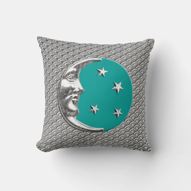 Art Deco Moon and stars - Turquoise & Silver Throw Pillow (Front)