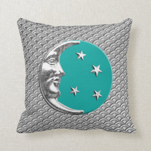 Art Deco Moon and stars - Turquoise & Silver Throw Pillow