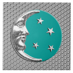 Art Deco Moon and stars - Turquoise & Silver Tile