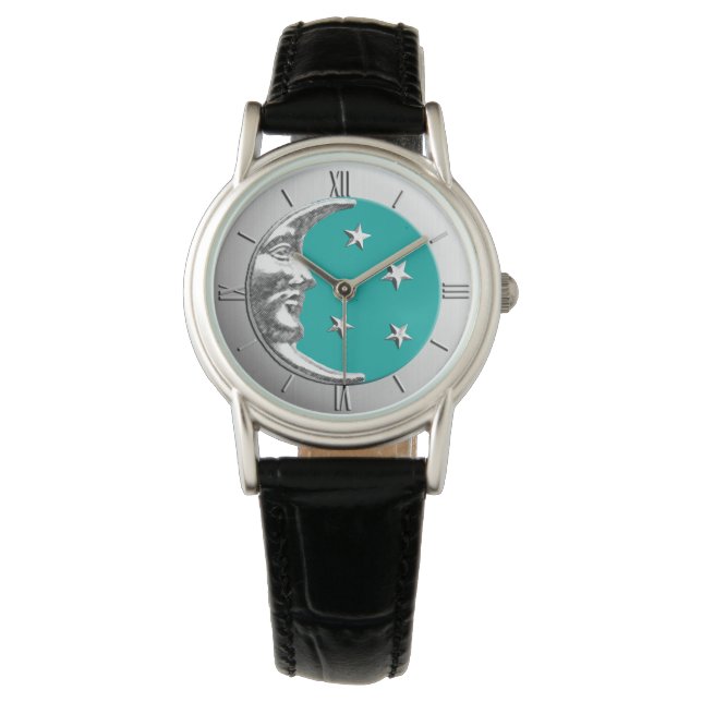 Art Deco Moon and Stars - Turquoise & Silver Watch (Front)