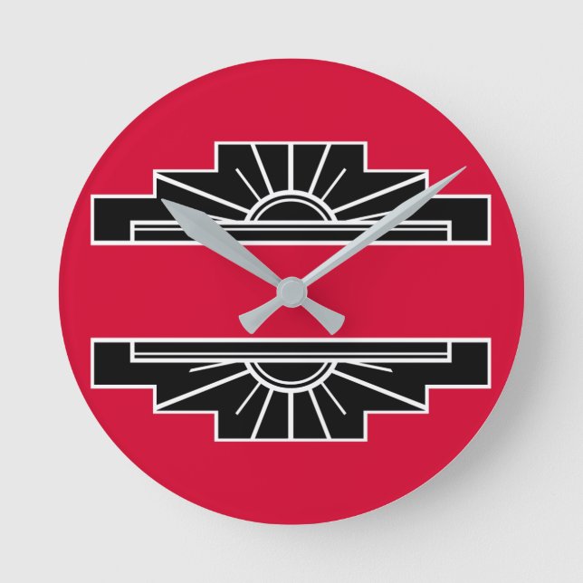 Art Deco Motif in B&W and Red Round Clock (Front)