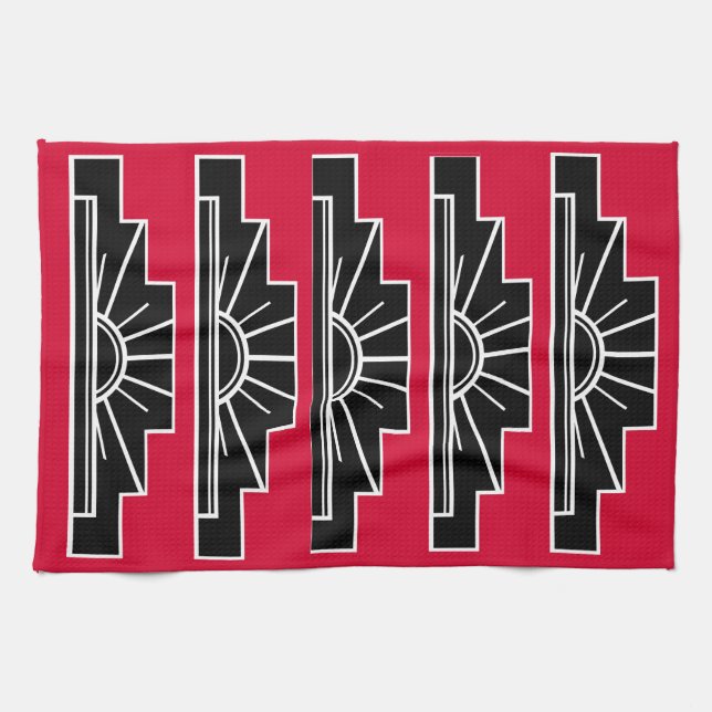 Art Deco Motif in B&W and Red Tea Towel (Horizontal)
